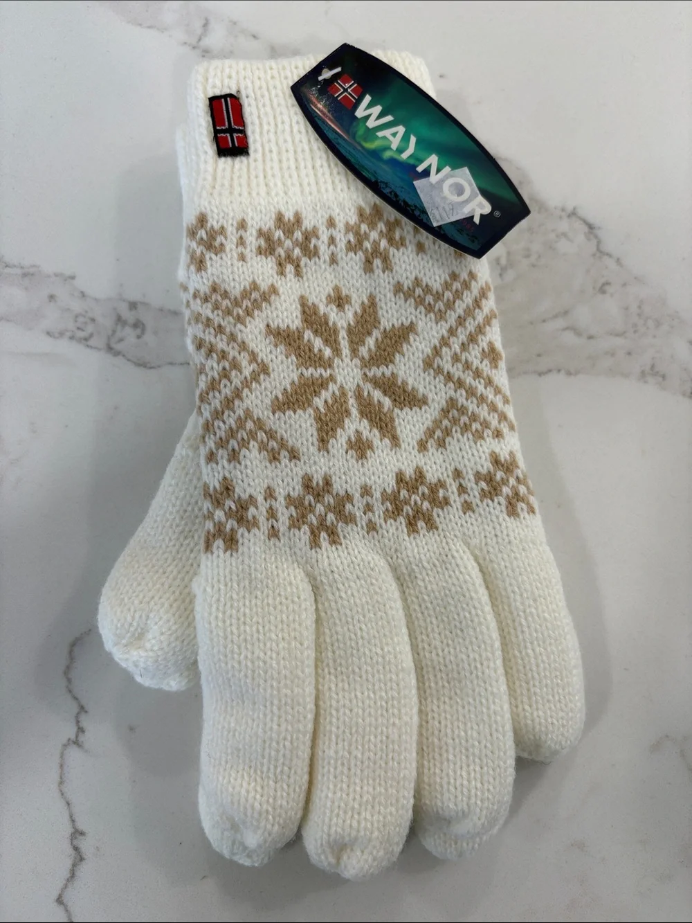 Ivory White & Tan Fair Isle Knit Fleece Lined Gloves